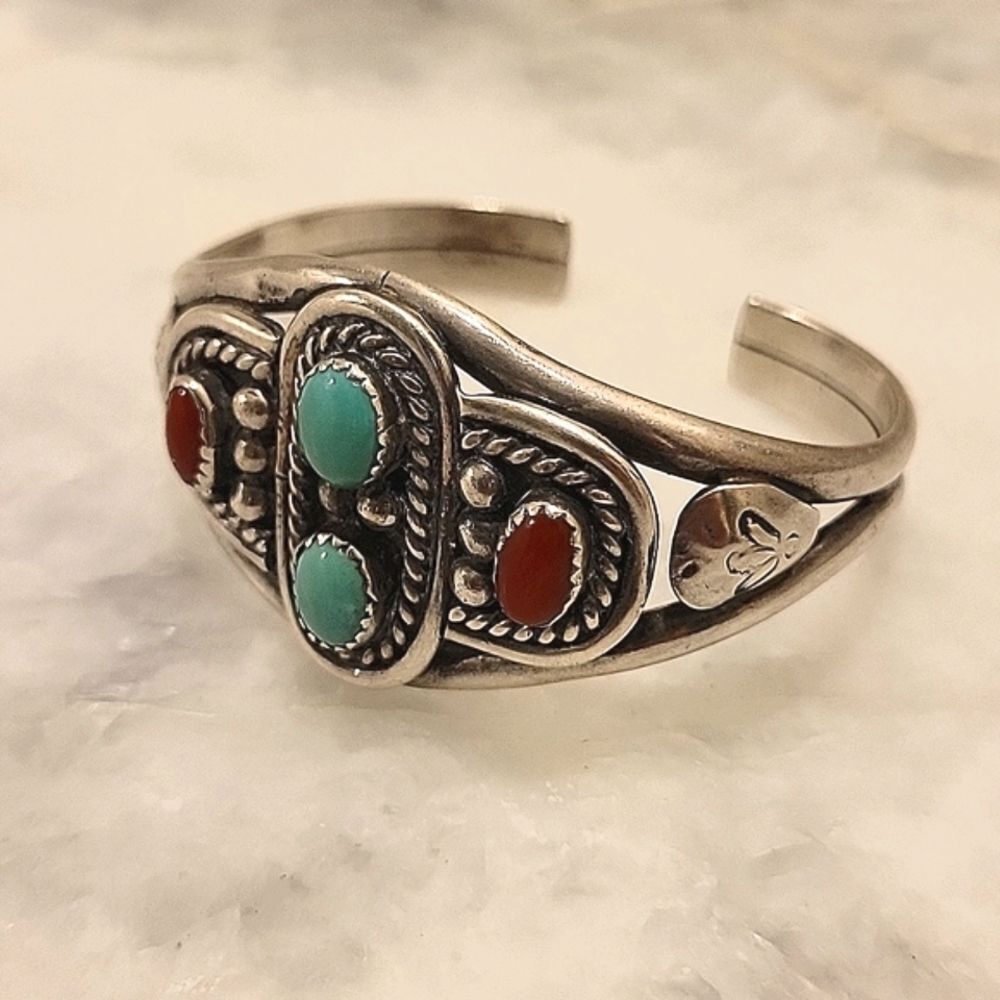 Mary S Lew Native American Navajo Signed Sterling Silver Turquoise Coral Cuff